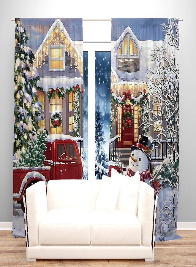 DOTOOMA 82 x 84 Inches Christmas Curtain Red Truck House with Lights On Xmas Tree Colorful Light Pine Tree Bedroom Living Room Window Decoration Drapes 2 Panel - Image 2